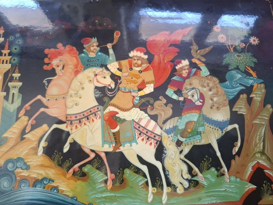 Obraz Palekh „Polowanie z sokołem” – ręcznie malowany, sygnowany