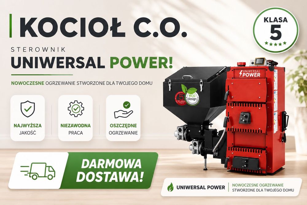 Kocioł na pellet, drewno i groszek 10 kW UNIWERSAL POWER – wydajny piec CO do ekonomicznego ogrzewania domu.