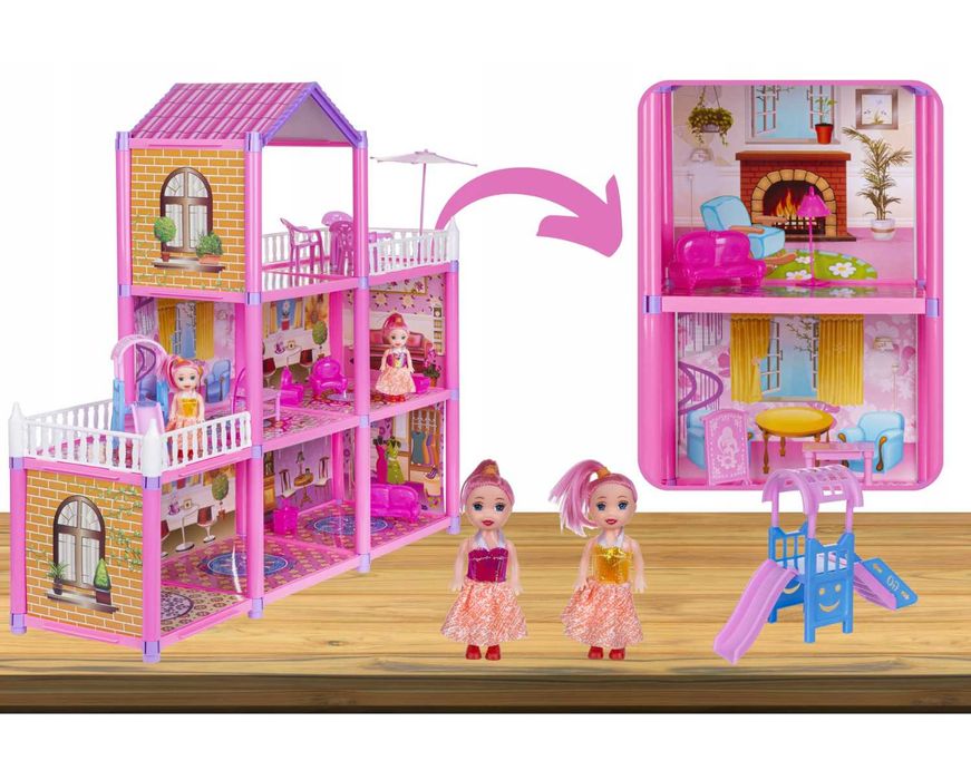 DUŻY Domek dla Lalek 3 Piętra 129 EL+ 2 Lalki Meble • Kompletny Zestaw