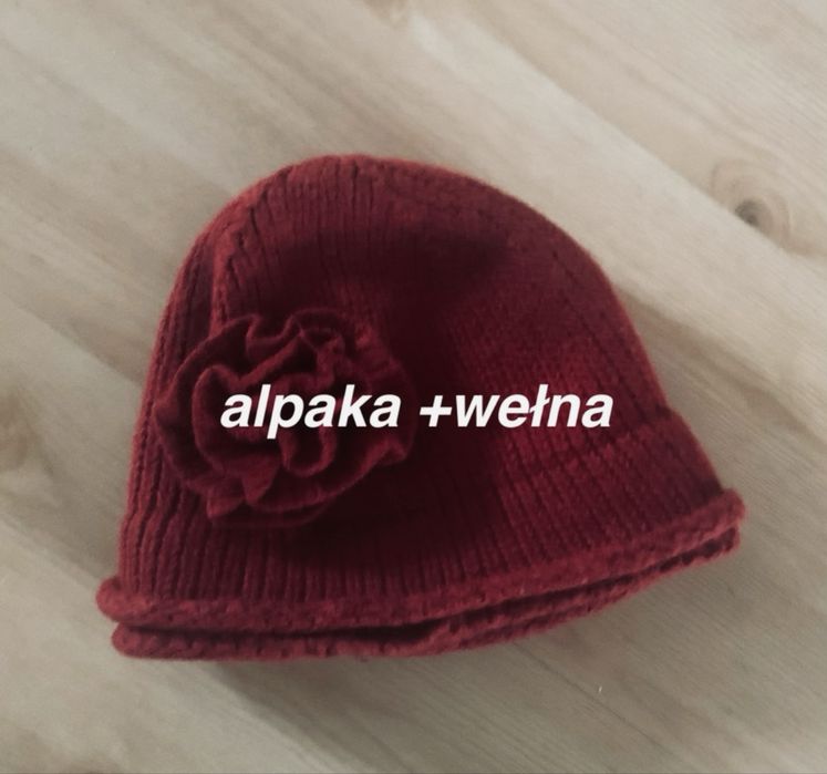 Alpaka+wełna ciepła czapka burgundowa toczek