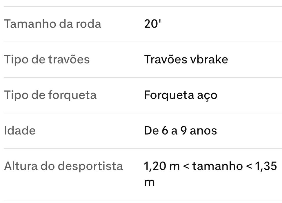 Bicicleta de criança 6-9 anos, roda 20