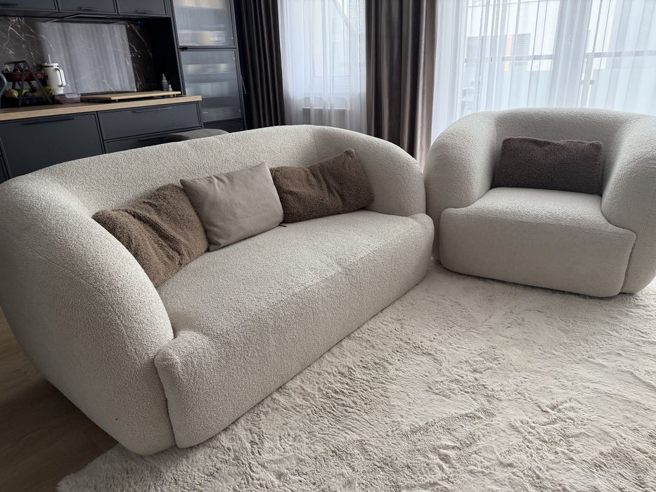Sofa i fotel boucle zestaw wypoczynkowy