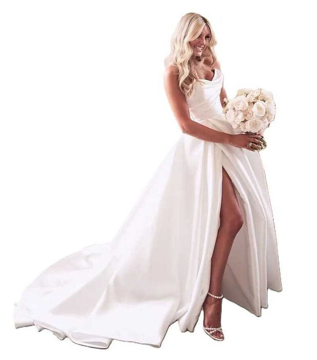 Suknia ślubna #80 wiązana ivory satyna z rozcięciem z boku rozmiar 44 XXL