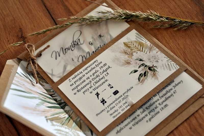 Zaproszenie, kalka, na podkładach, Boho, Rustykalne Trawy, Ślub