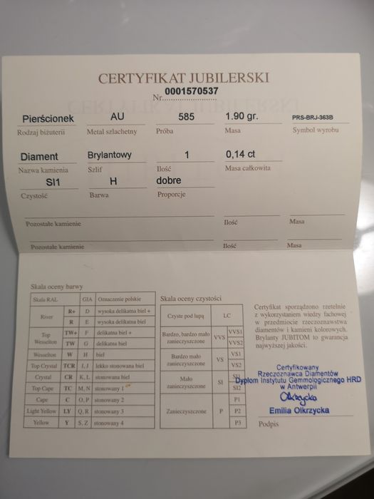 Pierścionek zaręczynowy z brylantem. Jubitom, certyfikat.