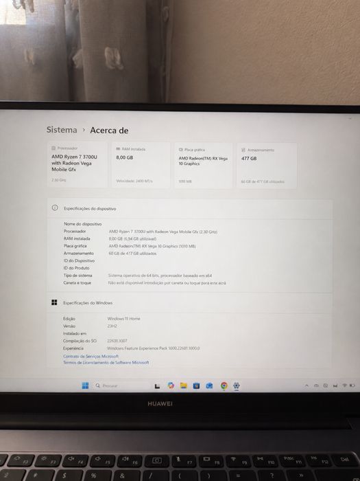 Huawei MateBook D15 Ryzen 7 | 8GB RAM | 512GB SSD | Muito Bom Estado
