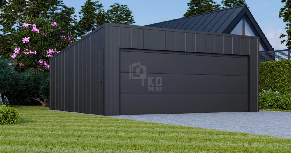 Garaż blaszany 6x6m brama segmentowa drzwi blacha na rąbek dach TKD382