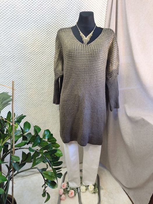 Brązowo złoty długi sweter damski plus size kimono dekolt V szpic r. 3XL/4XL 46/48