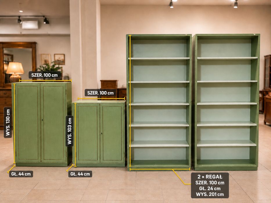 ZESTAW MEBLI RETRO – zielone regały i komody ze złotymi akcentami  | komoda + regal | DOWÓZ DO DOMU