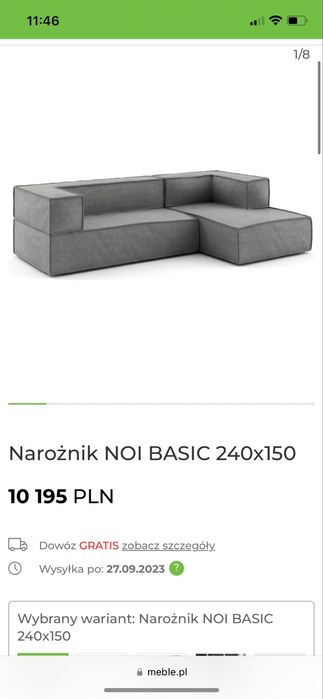 Sofa szezlong Absynth NOI jak Westwing Lennon  150 plus bok 90 szary