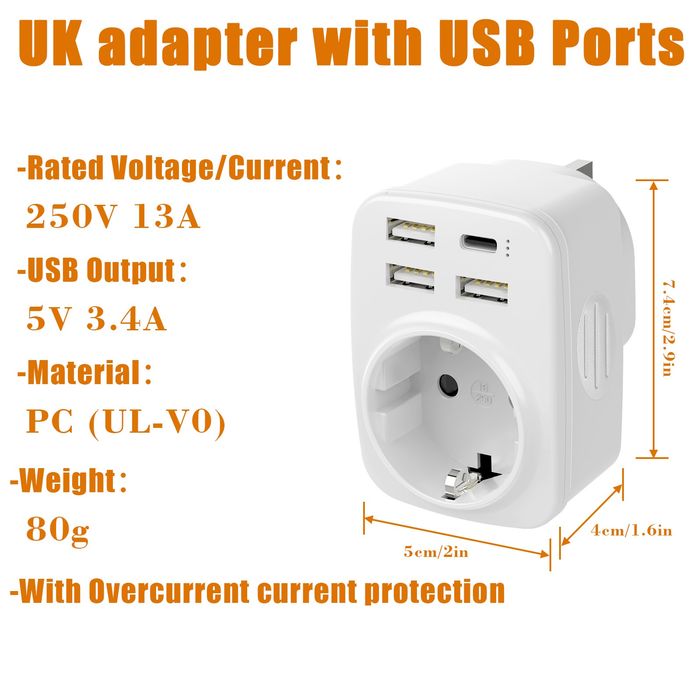 5-w-1 Adapter Podróżny UK, Irlandia, Dubaj, Malezja, i inne