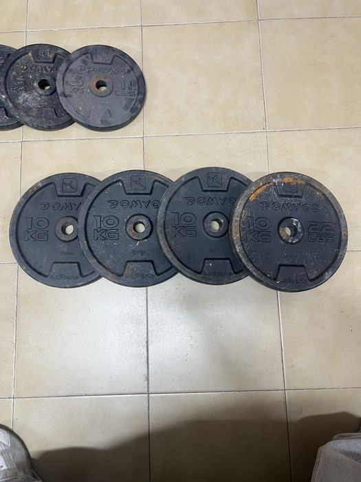 Kit de Musculação Domyos 80Kg em discos + Barra Longa + 2 Halteres