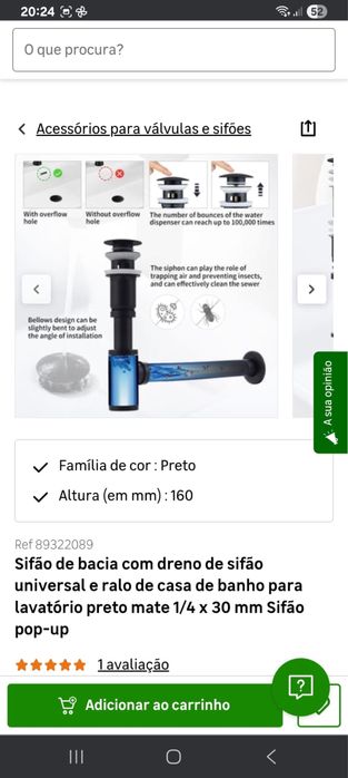 Sifão para lavatório preto.