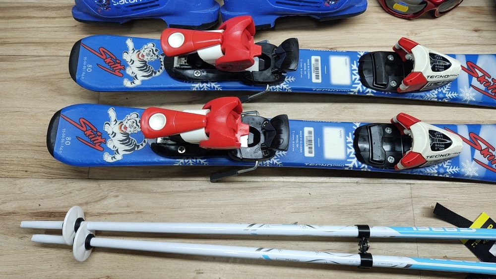 Komplet Junior Narty 80 cm TecnoPro Buty r 27 Kijki Kask Gogle
