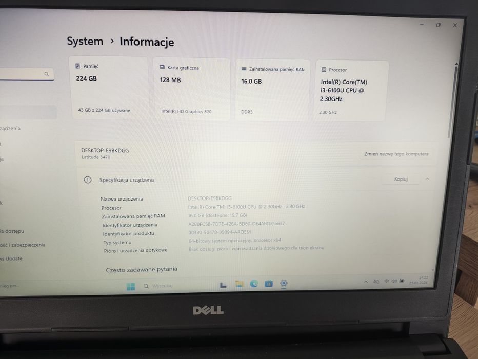 Laptop Dell Intel i3 6-gen 16 GB RAM 256 GB SSD mega komplet