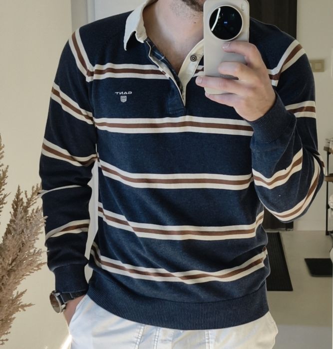 Sweter męski Gant koszula rugby XL cienki granatowy w paski bawełna logo preppy