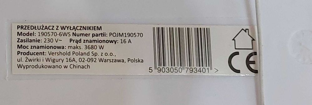 Listwa zasilajaca  6 gniazd + wyłącznik  na 230 V_ 16 A