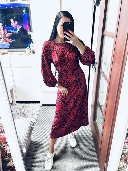 Dluga sukienka midi bordowa panterka taliowana S M L