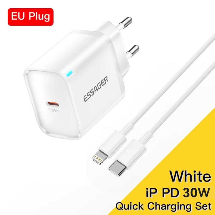 Комплект Зарядка і Кабель для iPhone Айфону. Зарядка 30W Essager Mini Type-C + Кабель Type-C-iPhone Lightning 1м Білий для iPhone. Кабель Lightning