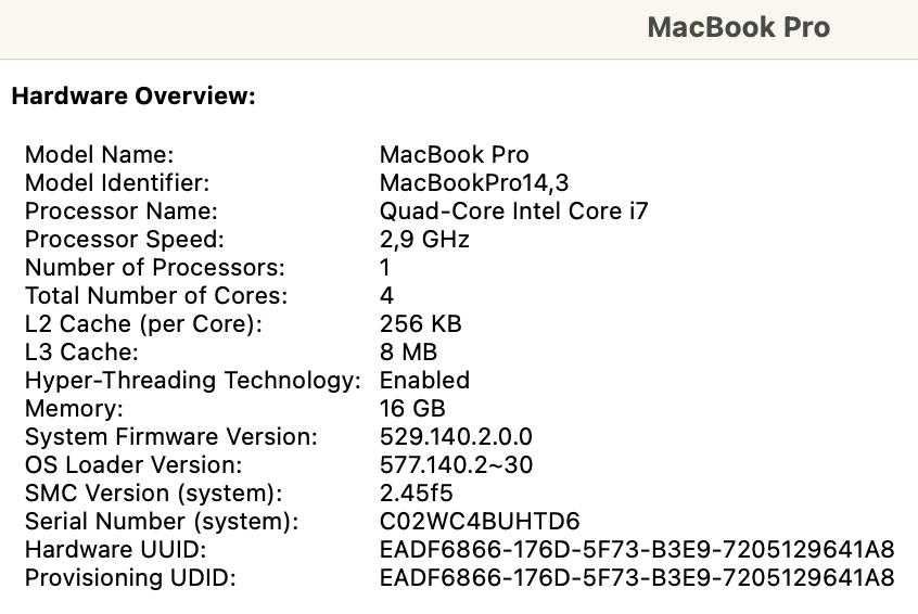 MacBook Pro 15" 2017 | i7 2.9 GHz | 16GB RAM | 500GB SSD