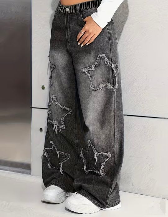 Сірі чорні широкі джинси бегі беггі в зірку на дівчинку серые джинсы