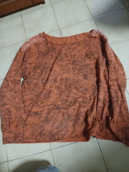 Blusa de manga comprida, cor de tijolo, com lantejoulas nos ombros (deve vestir M)