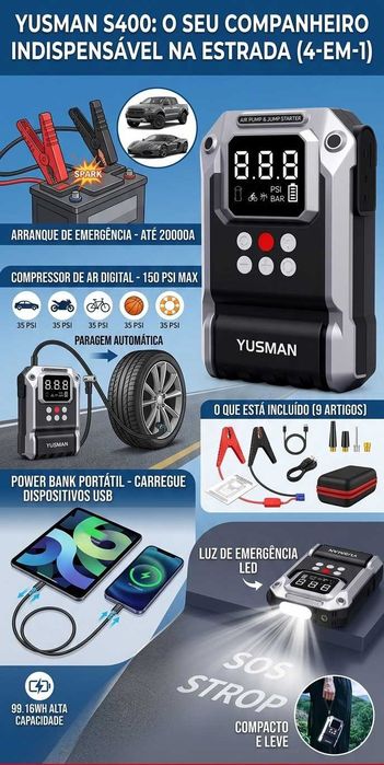 Arrancador Carro 2000A Power Bank Portátil 150PSI Bomba Ar Bateria Auto, Emergência Booster Multi-função, Dispositivo Partida Rápida, luz de S.O.S.