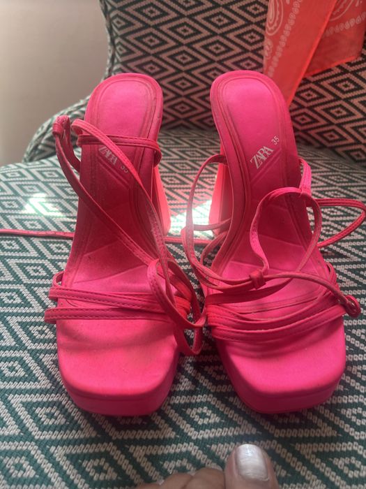 Sandálias Zara – Rosa/Coral, Salto Plataforma, Tam. 35