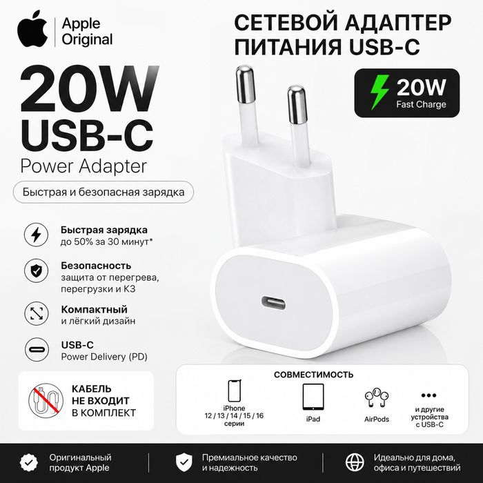 Блок для швидкої зарядки iPhone 20W USB-C адаптер 20 ВТ айфон