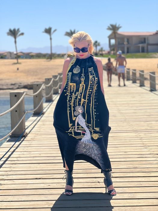 Ręcznie malowana maxi sukienka bawełna oversize