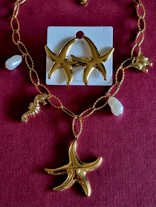 Conjunto dourado (colar e brincos), em aço, da estrela do mar
