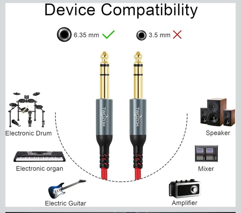 Twozoh Jack zrównoważony kabel audio stereo TRS, 6,35 mm do 6,35 mm