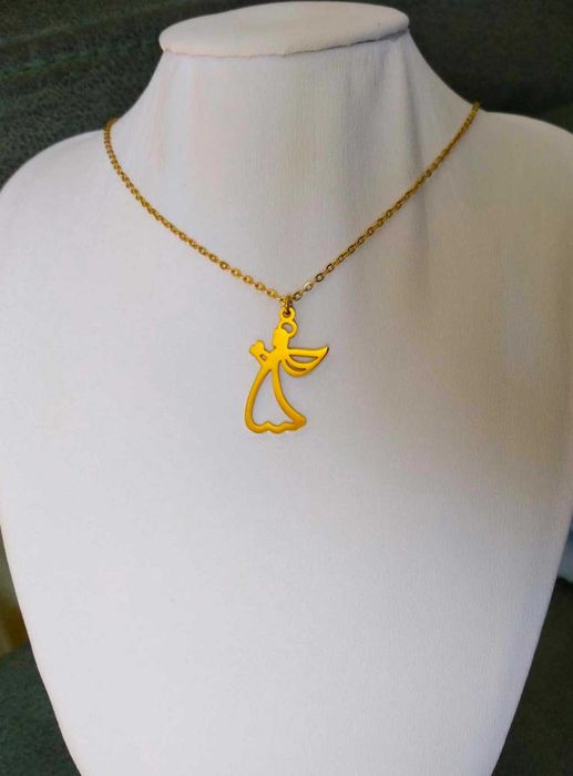 Colar Aço Dourado c/ Anjo de Lado NOVO