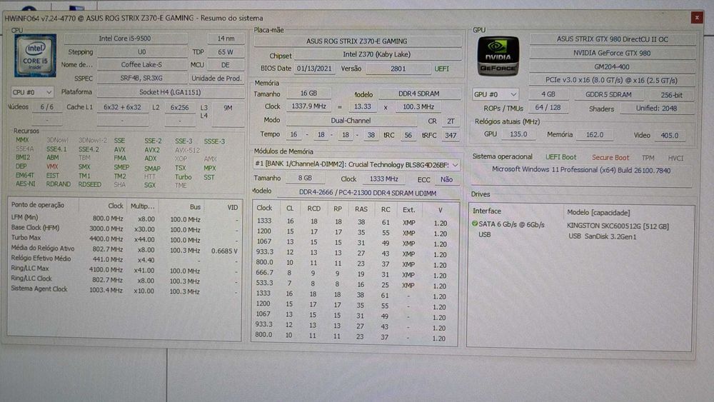 Computador Asus Z370, i5 9500, 16GB DDR4, Disco SSD 512, HDD 500, Asus Strix 980 OC