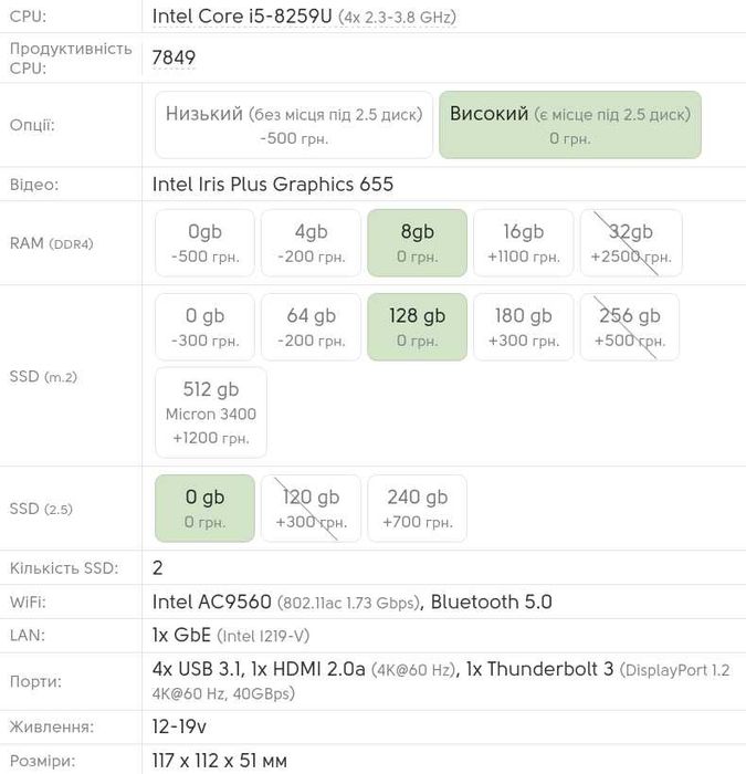 Потужний міні пк Intel NUC i5-8259u 4 ядра | 8gb | 64gb ssd | USB4
