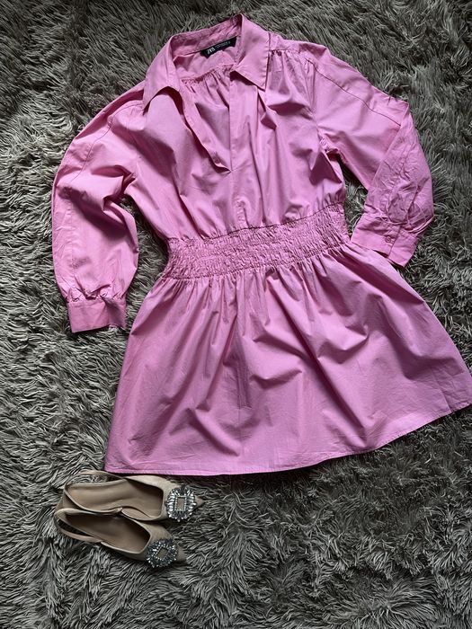 Рожева котонова сукня-сорочка Zara з акцентом на талії