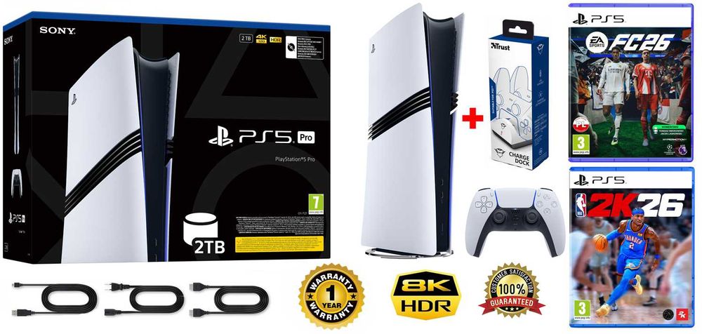 PS5 Pro 2TB + pad Dualsense + 2 gry FIFA 26 + NBA 2K26 + stacja ładowania