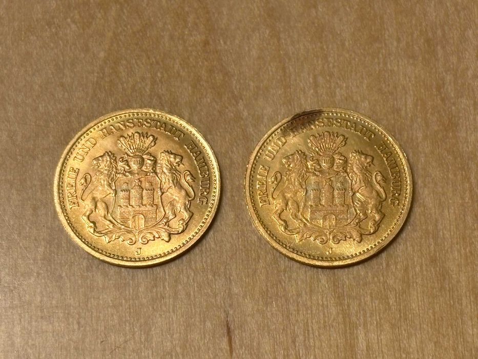 2 Moedas de Ouro - 5 Marcos de 1877 - Hamburgo