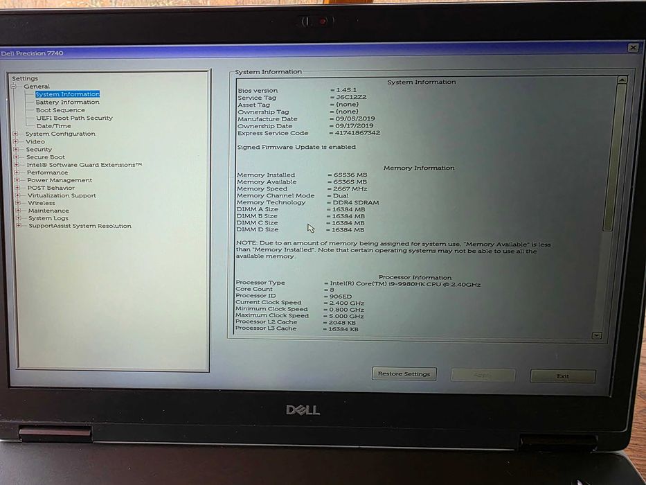 Stacja robocza Dell Precision 7740 i9-9980HK 17.3" 64GB RAM, 512GB SSD nowa bateria