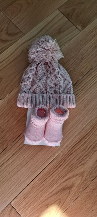 Zestaw czapka z paponem, skarpety, 0-6 msc, Angel face, pudrowy róż, n