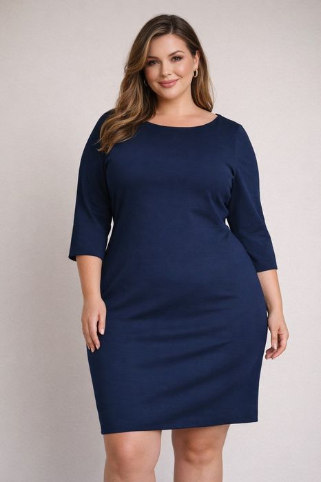 Granatowa sukienka z rękawem za łokieć z kieszeniami casual elegancka