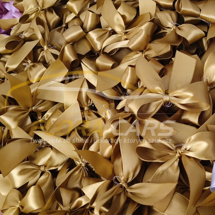 Kokardki na wódkę weselną złote, wstążki na butelkę, dekoracja sali