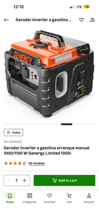 Gerador inverter a gasolina arranque manual 1000/1100 W Genergy Limited 1000i