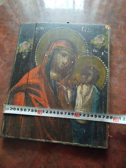 Ікона Одигітрія з квітами. Старовинна ікона Богородиця Одигітрія, ХІХ ст. (Народний живопис).