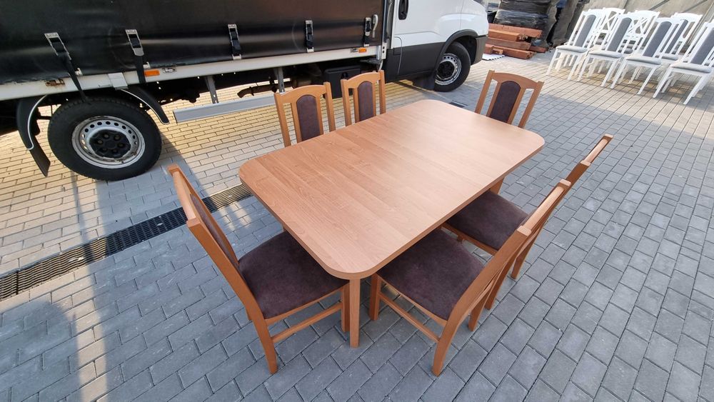 OD RĘKI , Stół rozkładany + 6 krzeseł , olcha + brąz , NOWE