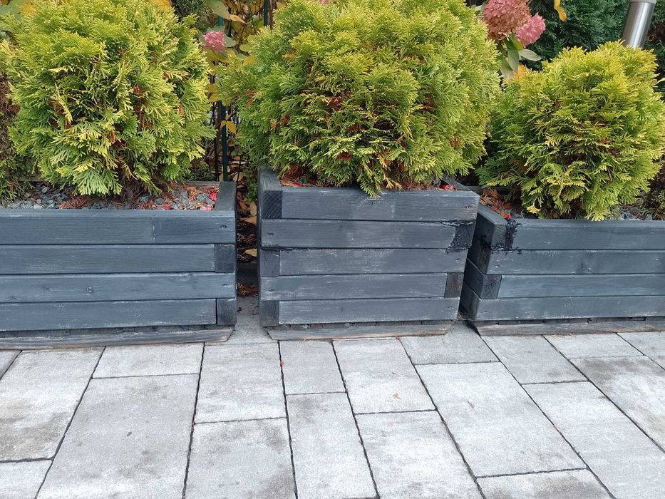 Donice drewniane szare -  8 sztuk wraz z krzewami