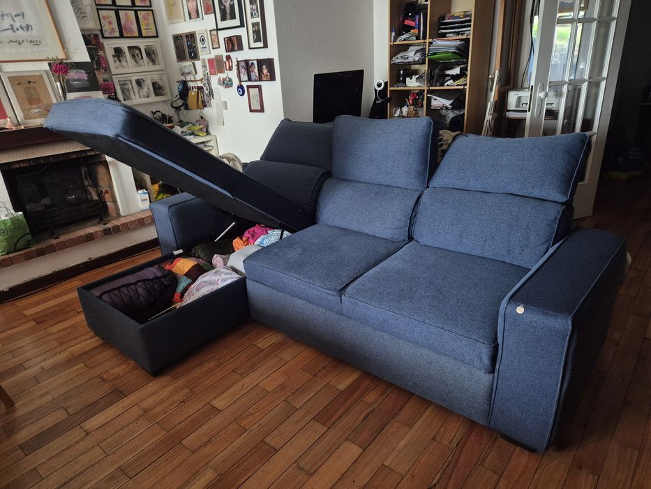 Sofá Cama com Chaise Longue Reversível e Encosto Reclinável