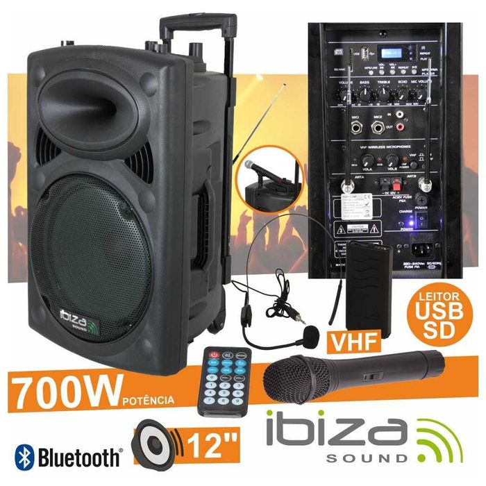 Coluna Amplificada 12" 700W USB/BT/SD/BAT VHF Preta IBIZA