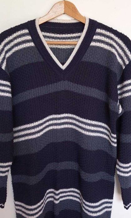 Długi granatowy sweter w paski L 40 vintage