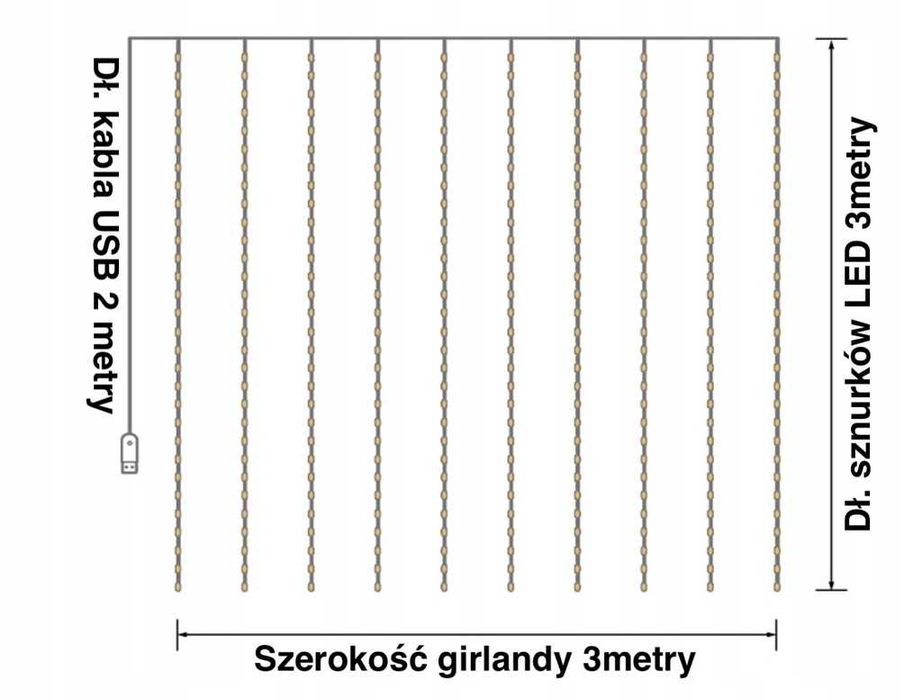 Kurtyna Świetlna Led Na Druciku 300 LED USB Biały Zimny Pilot